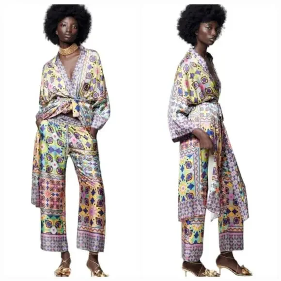 ZARA Printed  Belted Long Line‎ Open Front Kimono Robe Sz XS S M NEW! - Picture 2 of 16
